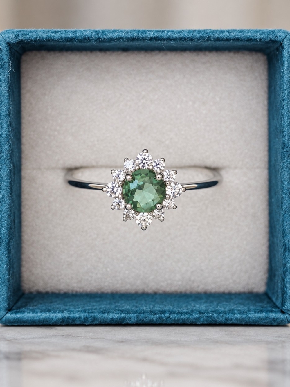 Size 9 Green Oval Halo Ring 14K White Gold Triple Plated Floral Statement Ring